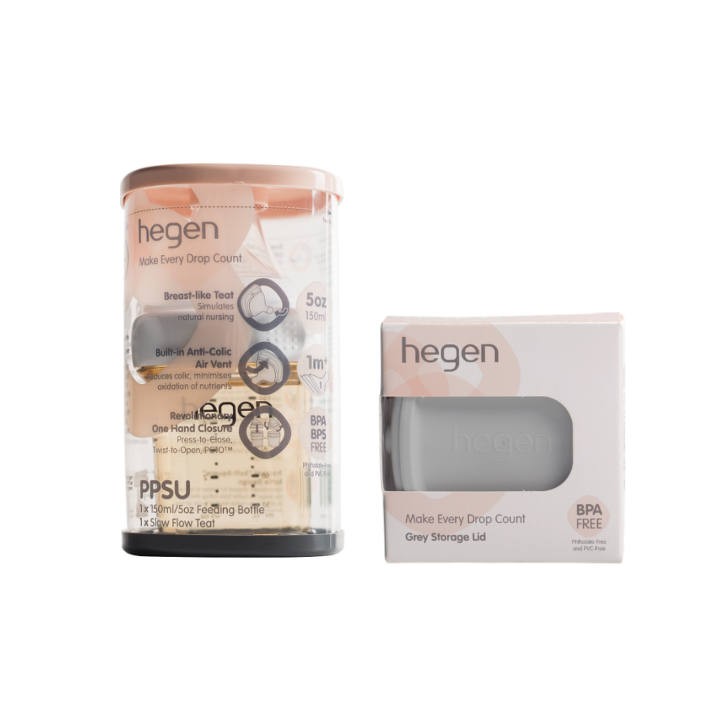 Hegen ベビーボトル 150ml ＆ フードストッカー用ふた セット（グレー）