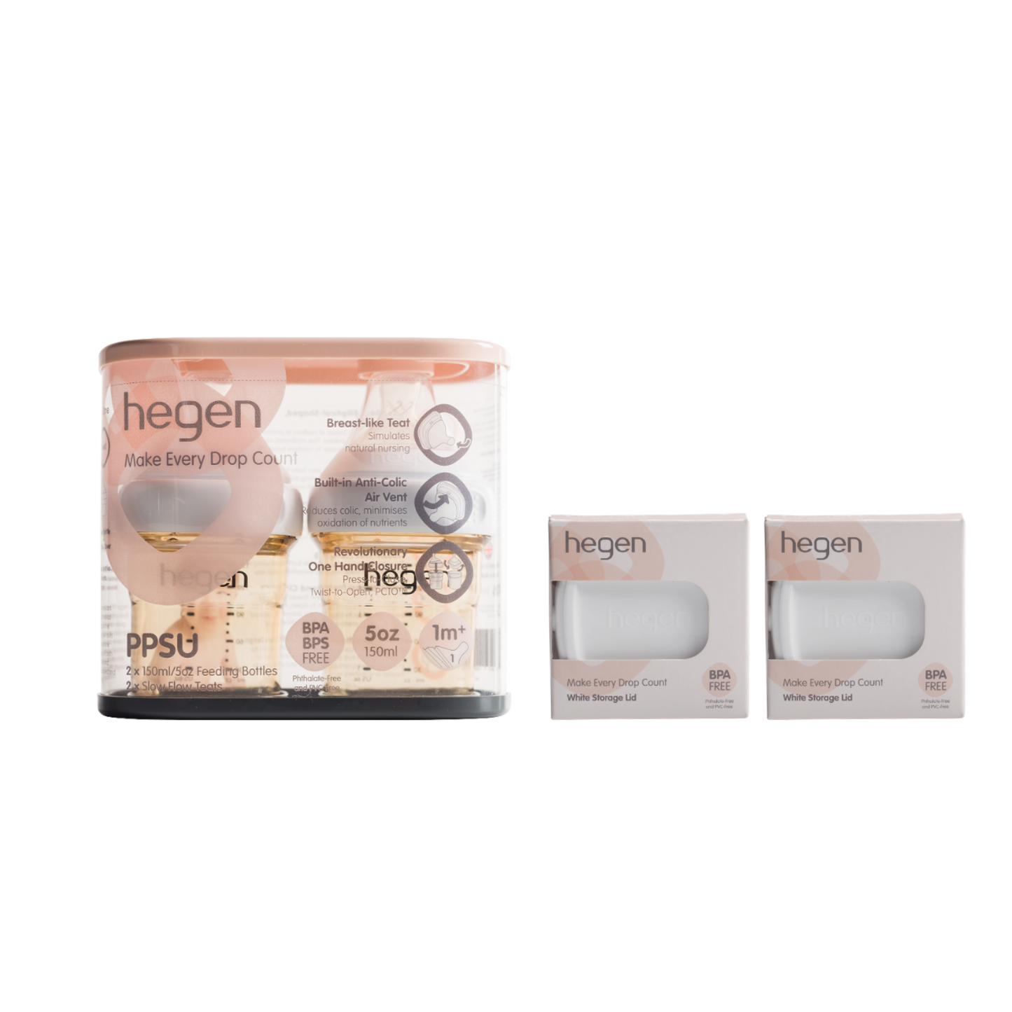 Hegen ベビーボトル 150ml 2個入り＆ フードストッカー用ふた 2個付き セット（ホワイト)