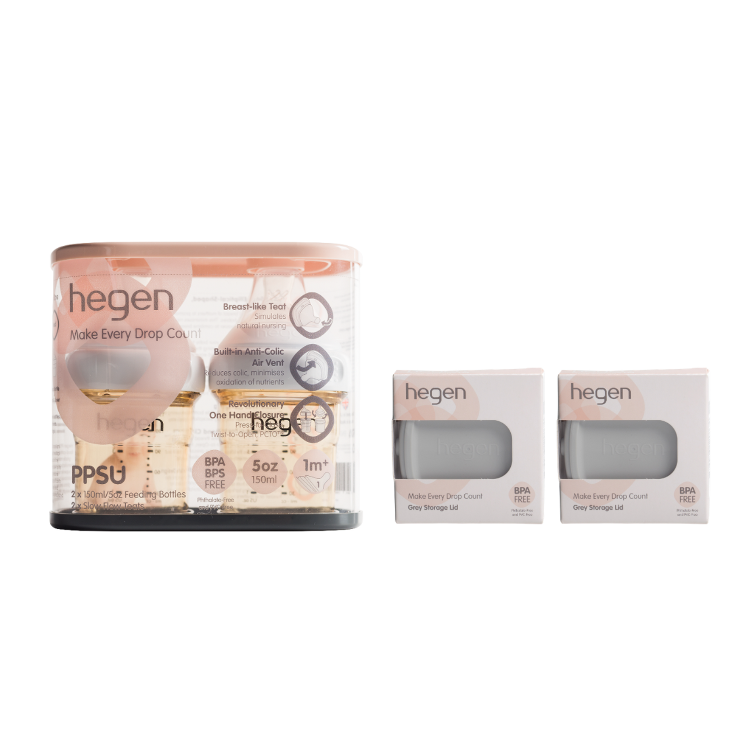 Hegen ベビーボトル 150ml 2個入り＆ フードストッカー用ふた 2個付き セット（グレー）