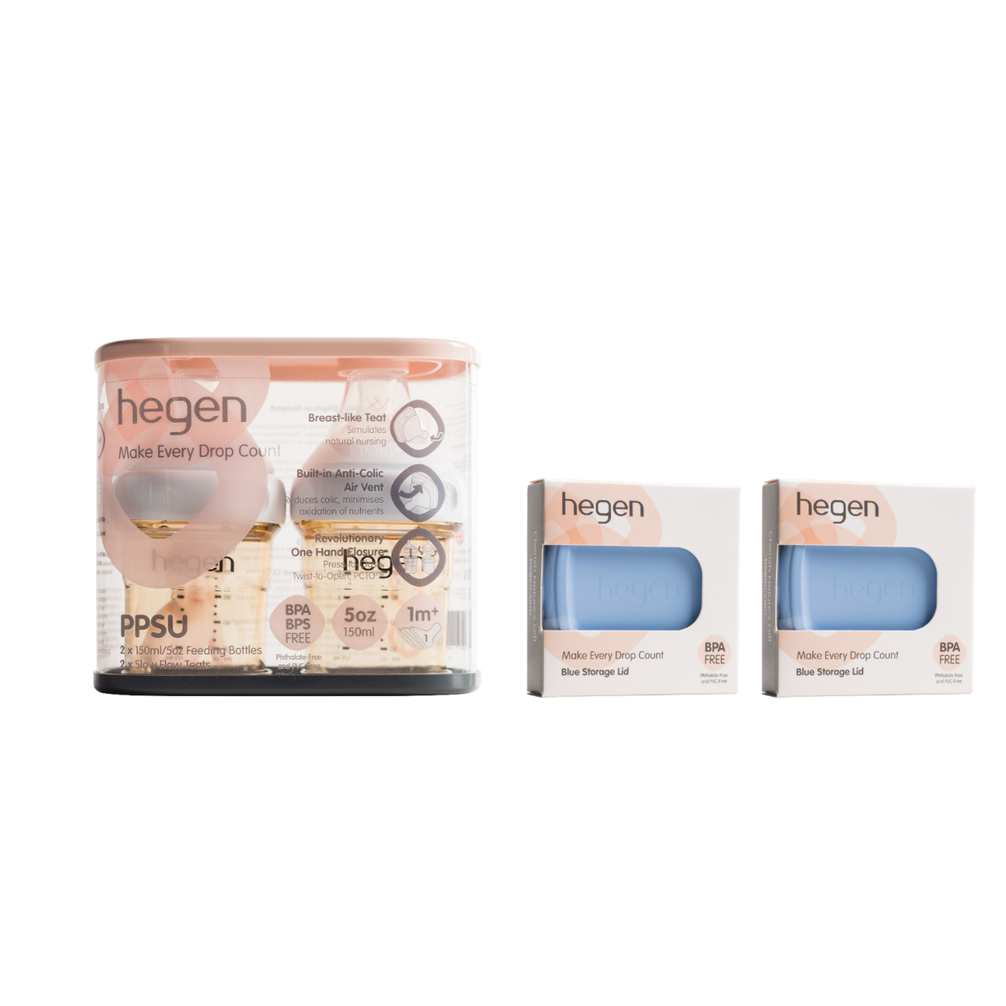 Hegen ベビーボトル 150ml 2個入り＆ フードストッカー用ふた 2個付き セット（ブルー）