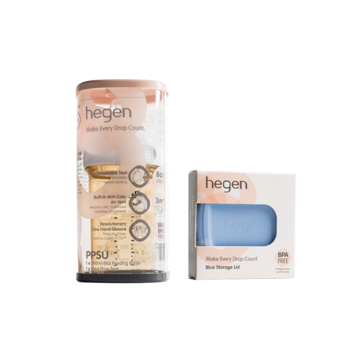 Hegen ベビーボトル 240ml ＆ フードストッカー用ふた セット（ブルー）