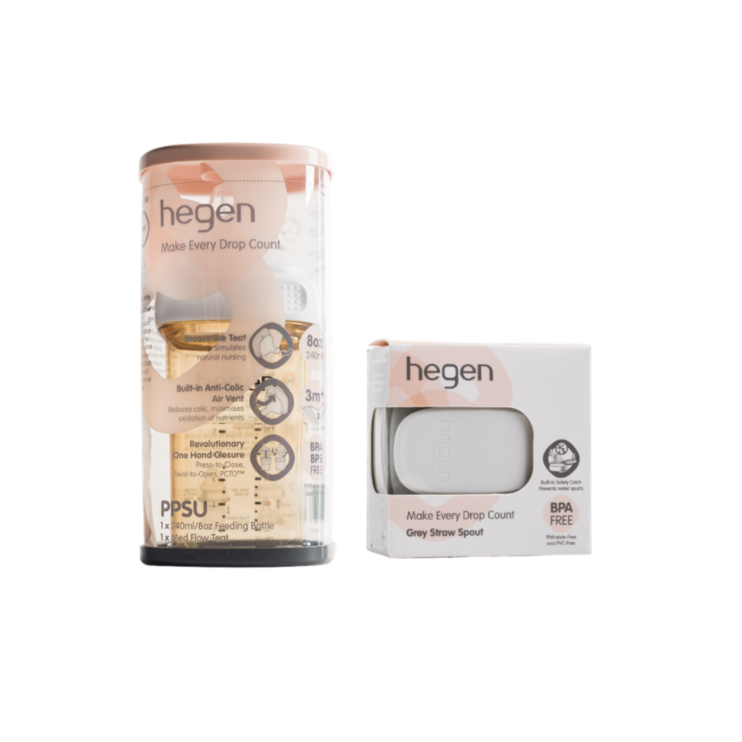 Hegen ベビーボトル 240ml ＆ ストローマグ用キャップ セット (グレー）