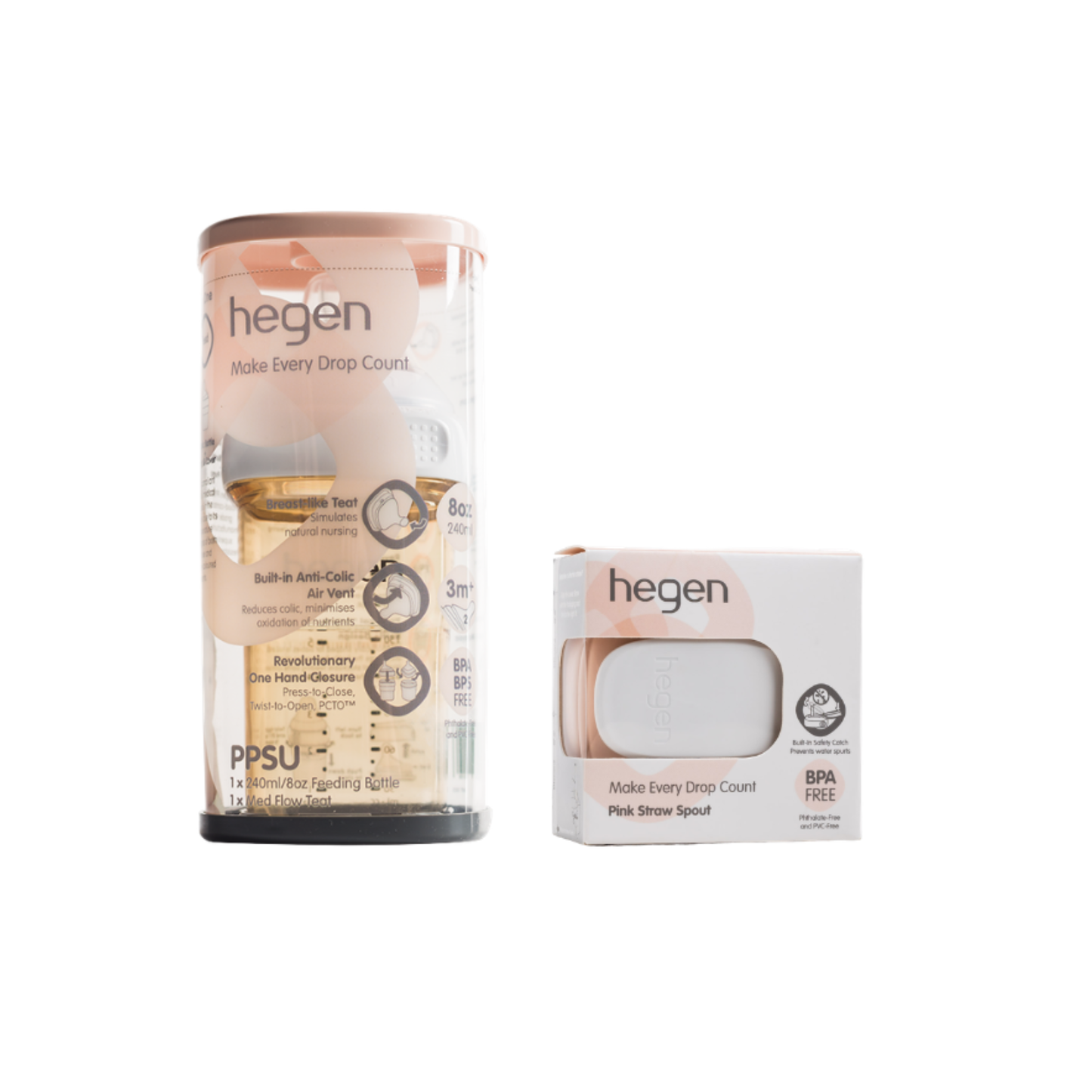 Hegen ベビーボトル 240ml ＆ ストローマグ用キャップ セット (ピンク）
